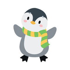 Adorable little penguin wearing a striped scarf. Isolated background. Flat-style vector illustration