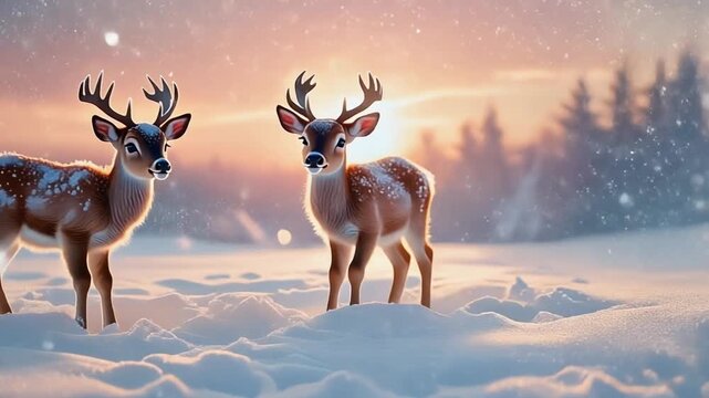 Adorable baby reindeer playing in fresh snow under a bright morning sky. Whimsical holiday 