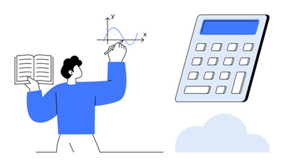 Man holds book while analyzing graph with pen alongside large calculator and cloud. Ideal for education, learning, math concepts, analytics, research, digital tools, academic projects. Simple flat