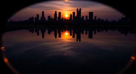 Fototapeta premium Urban cityscape panorama at sunset with the river reflecting the evening sky and building silhouettes