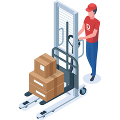 Warehouse worker in red shirt and blue pants operating a pallet jack with stacked cardboard boxes on a transparent background