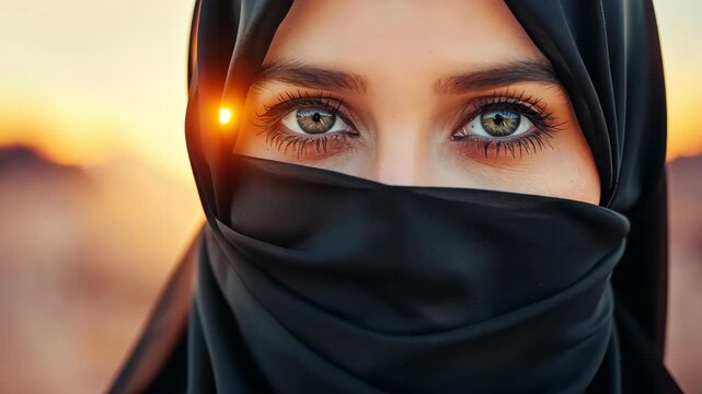 The Enigmatic Gaze: Captivating portrait of a woman, her eyes expressing a deep sense of mystery and cultural elegance, framed against a backdrop of sun.