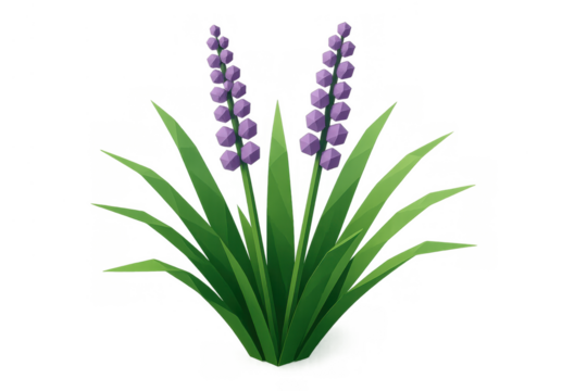 Low poly purple flowers with green leaves creating game asset foliage element for digital design on transparent background