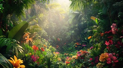 Dense tropical jungle filled with vibrant orange, red, and pink flowers, large green leaves, and sunlight filtering through the canopy. Generative by AI