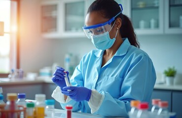 African woman scientist works in lab with covid test tube. Female researcher wears blue coat face mask goggles gloves. Analyzing sample in medical facility.