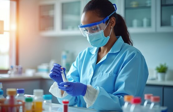 African woman scientist works in lab with covid test tube. Female researcher wears blue coat face mask goggles gloves. Analyzing sample in medical facility.