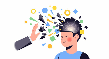 Hand clearing chaotic thoughts and distractions, leading to mental clarity, focus, and shining brain activity.