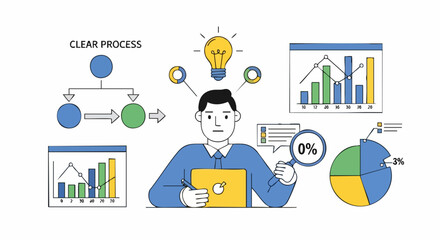 Businessman analyzing data charts, a flow process, and a magnifying glass to achieve a clear, innovative strategy and understanding.