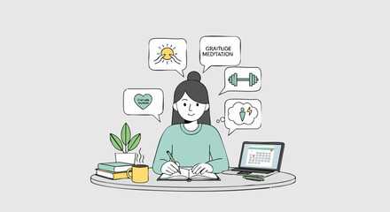 Woman planning her mental and physical wellness routine, including gratitude, exercise, and meditation, with a laptop and journal.