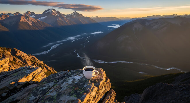 Great horned owl on a snow-covered mountain peak, a scenic winter nature landscape view at sunrise