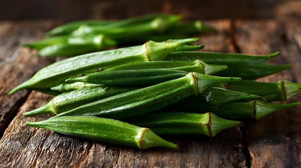 Fototapeta premium Fresh green okra pods on a rustic wooden table, ready for cooking.