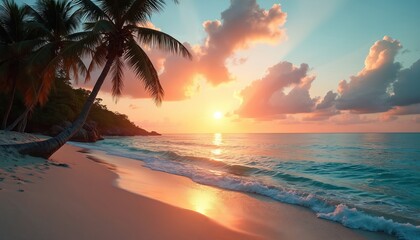 Fototapeta premium Sunset sea view with palm tree. Sunlight pierces clouds over ocean waves. Coastline shows calm turquoise water on empty tropical beach. Vacation paradise landscape during golden hour brings