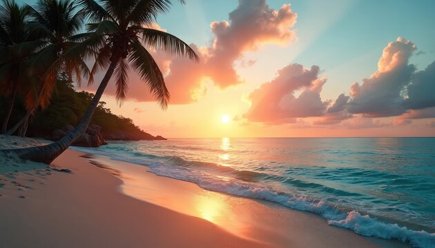 Sunset sea view with palm tree. Sunlight pierces clouds over ocean waves. Coastline shows calm turquoise water on empty tropical beach. Vacation paradise landscape during golden hour brings - Powered by Adobe