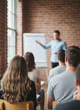 Corporate training and professional development seminar with coach presenting to an attentive audience in a modern office