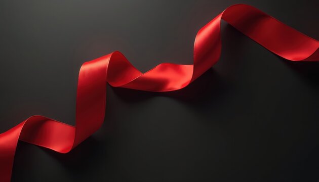Red ribbon waves across black background. Graphic element for design or decoration. Elegant satin fabric texture creates contrast and visual interest. Suitable for luxury branding