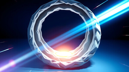 Futuristic glowing energy portal or abstract scifi ring structure with bright blue light beams passing through, creating a dramatic and mysterious digital art composition against a dark background