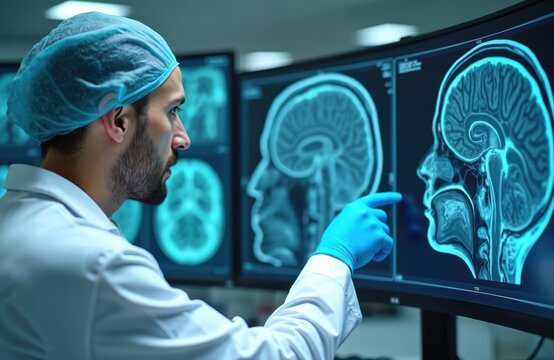 Male doctor in blue cap and gloves examines brain scan on computer screen in hospital. Medical pro analyzes MRI images on monitor. Healthcare worker in lab coat looks at neurology scan. - Powered by Adobe