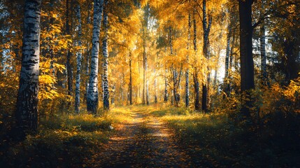 Fototapeta premium Golden Autumn Forest Path with Sunlit Trees and Vibrant Foliage.