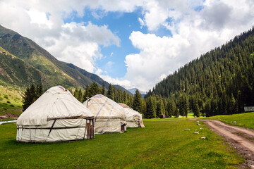Djeti-Oguz valley Yurt camp summer landscape. Tien Shan mountain ridge, located in the southeast of the Issyk-Kul basin, Kyrgyzstan