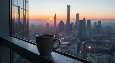 Morning sun rising over the city skyline with towering skyscrapers and business architecture