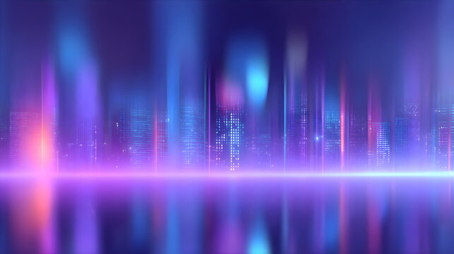 Abstract modern city skyline with reflection and glowing light effect. Futuristic urban background for technology and digital communication concept.