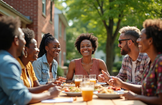 Diverse friends and neighbors enjoy outdoor meal together. People laugh, talk, eat food and drink beer on sunny day. Community bonding, block party, summer fun and casual social gathering.