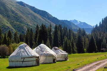 Djeti-Oguz valley Yurt camp summer landscape. Tien Shan mountain ridge, located in the southeast of the Issyk-Kul basin, Kyrgyzstan