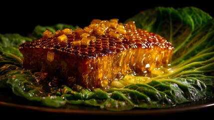 Golden Honeycomb on Fresh Green Lettuce Leaves with Dark Background.