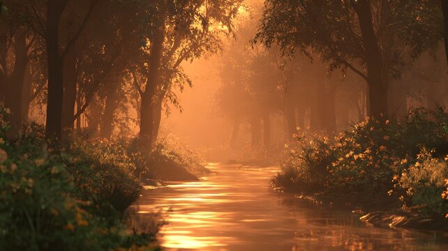 Golden Hour Glow on a Serene Forest Stream with Sunlit Trees and Lush Greenery. - Powered by Adobe
