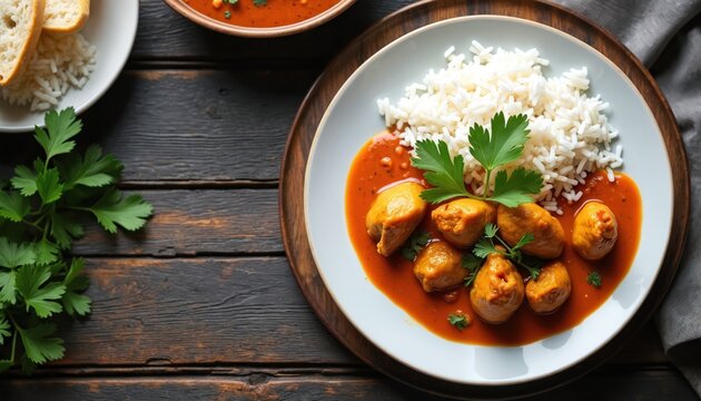 Chicken curry with rice served on white plate with parsley. A bowl of curry and bread slices also visible on rustic wooden table. Indian cuisine close up. - Powered by Adobe