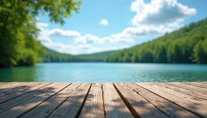 Wooden pier juts over bright blue lake water. Green forested hills rise under a clear sky with soft clouds. Sunlight casts shadows on the weathered planks.