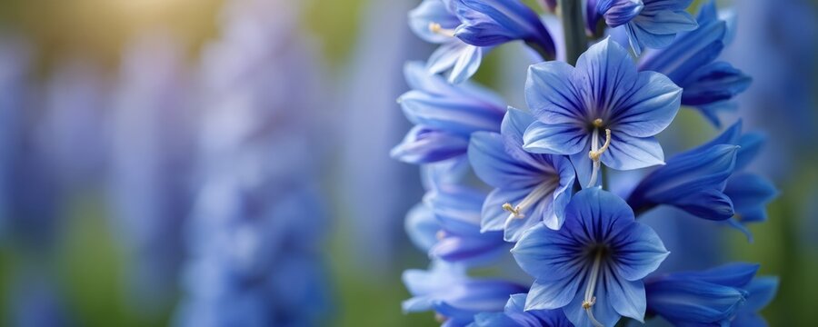 Blue Delphinium flowers bloom in garden. Delicate petals have dark veins. Soft focus background shows more purple plants, green leaves, warm sunlit haze. This lush floral scene offers tranquil mood. - Powered by Adobe
