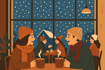 Warm winter clothes windows vector large outside scene cozy illustration falling cafe