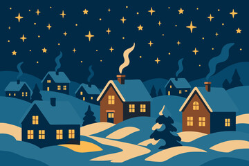 Fototapeta premium Vector from rooftops night snowy winter stars village snowbanks illustration chimneys above