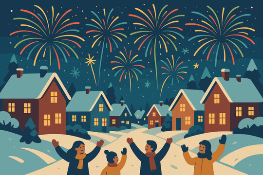Village overhead street vector festive bright fireworks celebration snowy people illustration lights