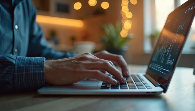 Person types on laptop keyboard. Hand interacts with computer. Modern workspace with laptop and graph on screen. Person works with device in office environment. Close-up of hands on keyboard.