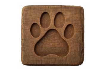 Wooden paw print carving showing pet animal footprint and texture on square block, transparent background
