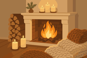 Fire illustration winter tranquil cozy creating candles fireplace blankets knitted vector mood