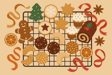 Fruit vector ribbon dried baking illustration pastries rolls treats assortment festive holiday