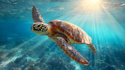 Obraz premium Green sea turtle swimming gracefully in clear blue ocean water with sun rays.