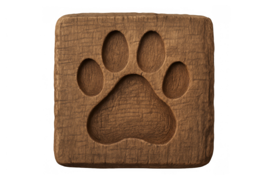 Wooden paw print carving showing pet animal footprint and texture on square block, transparent background