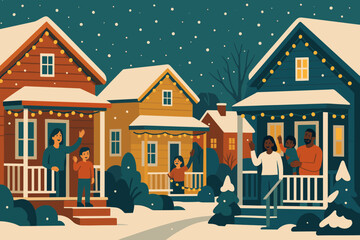 Waving illustration neighborhood porches serenity festive quiet vector happiness everyone covered families