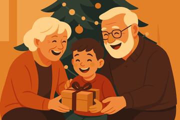 Family radiating heartwarming gift tree to present vector grandchild joyful illustration exchange