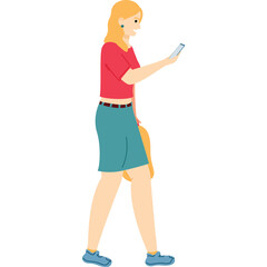 Woman with blonde hair wearing a pink shirt and blue shorts walking while looking at her smartphone with a yellow bag over her shoulder against a transparent background