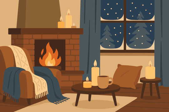 Living retreat outside peaceful glowing windows cozy vector candles illustration snow winter
