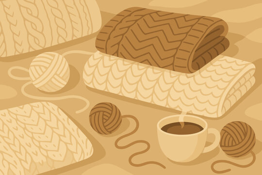 Vector cozy vibe soft textures coffee tones cup winter illustration sweaters yarn