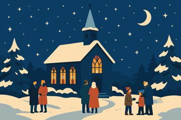 Illustration eve candles gathering church peaceful filled glass stars night vector snowy