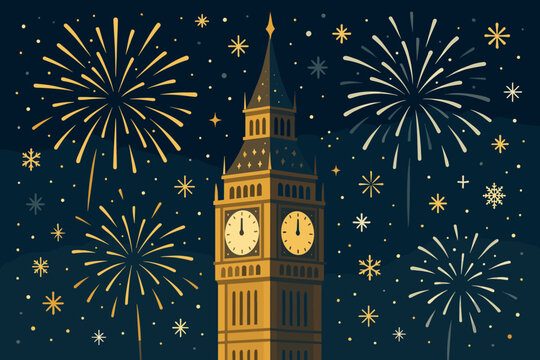 Sky against snowflakes glowing midnight vector tower around fireworks gold clock illustration