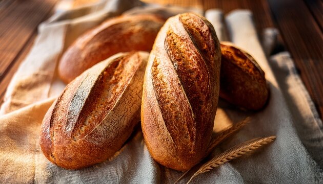 Freshly Baked Artisan Bread Loaves On Cloth Background With Natural Light - Powered by Adobe