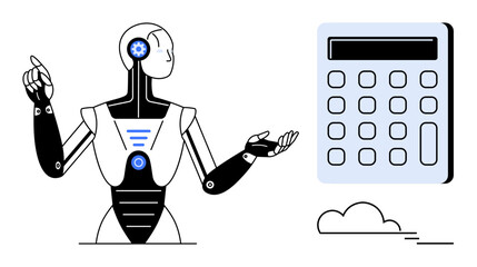 Humanoid robot pointing at a large calculator symbolizing AI-powered computation. Ideal for innovation, AI, technology, automation, problem-solving, machine learning, futuristic concepts, simple flat